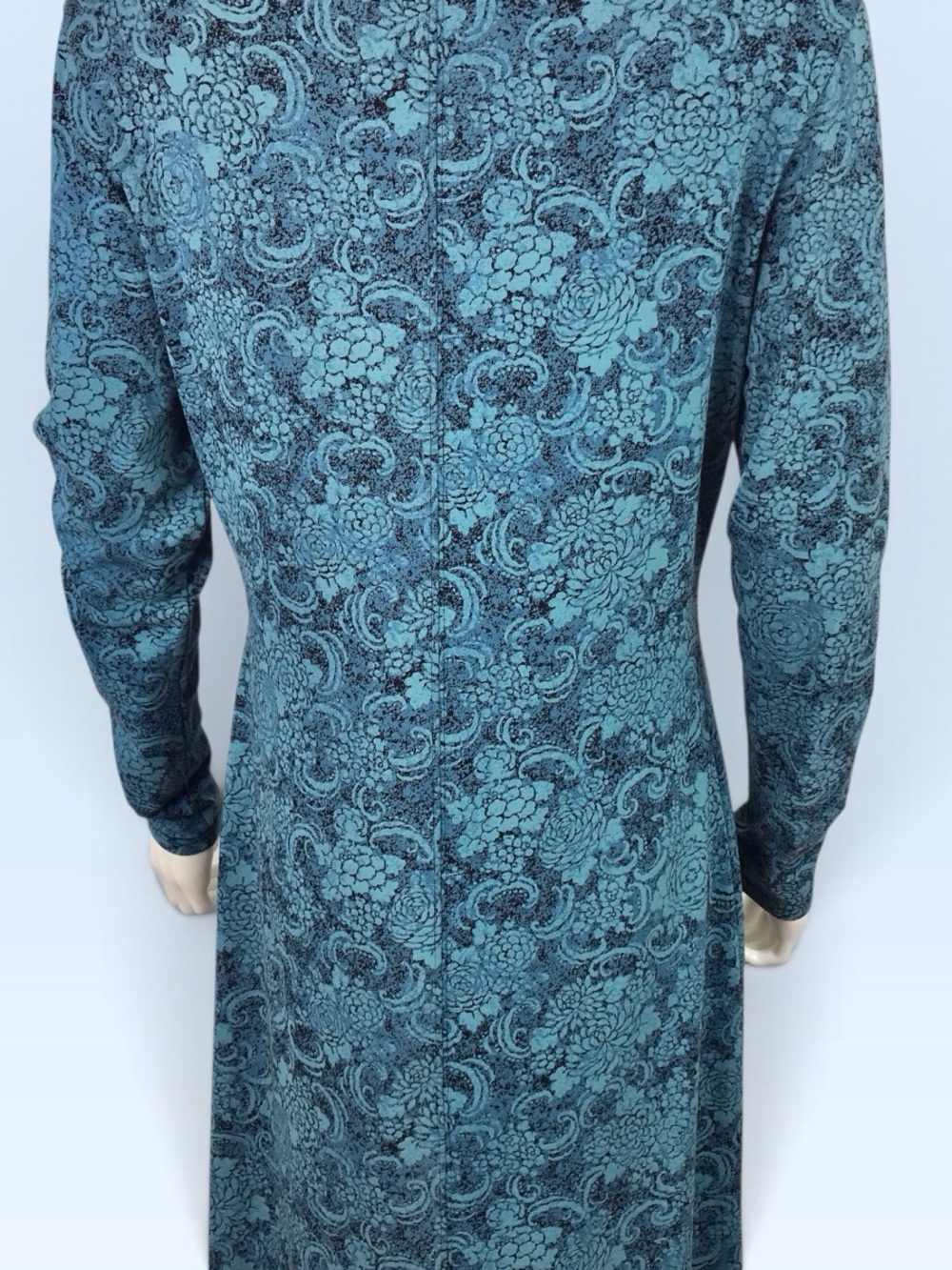 Peruvian Connection Midi Dress Teal Blue & Black Floral Long-Sleeve A-line - Picture 8 of 11